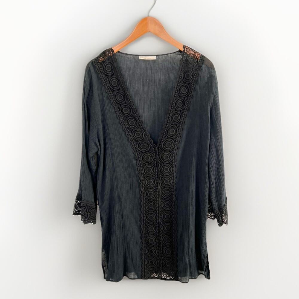 La Blanca Swim Cover-Up Tunic Black Crochet Trim *MEDIUM Cotton Gauze Women READ